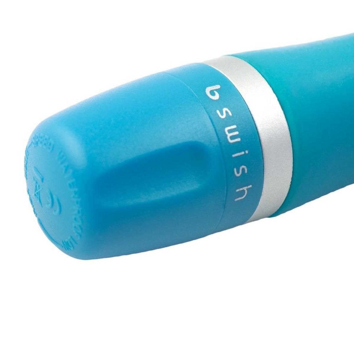Nahaufnahme des unteren Endes eines türkisfarbenen Minivibrators. "b swish" ist auf einem silbernen Ring zu sehen.