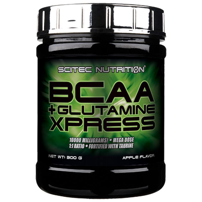 Schwarze Dose mit grüner Aufschrift. Text: Scitec Nutrition BCAA + Glutamine Xpress. Apfelgeschmack. Nettogewicht: 800 g.