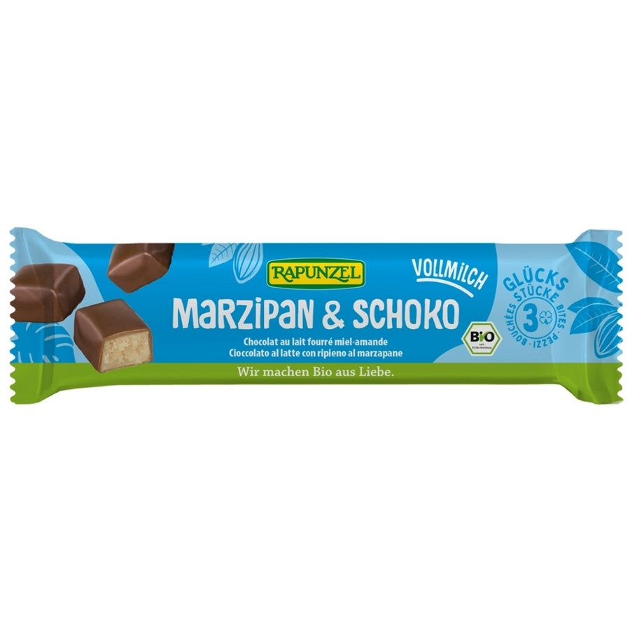 Verpackung mit Marzipan & Schoko. Marke Rapunzel. Enthält 3 Stück. Bio-Zertifizierung.