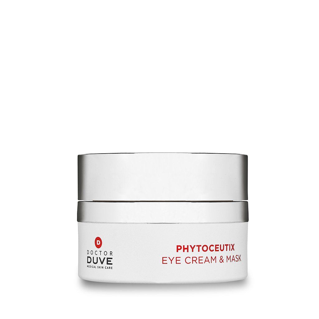 Weißer Tiegel mit silbernem Deckel. Roter Schriftzug: Phytoceutix Eye Cream & Mask. Logo: Doctor Duve.