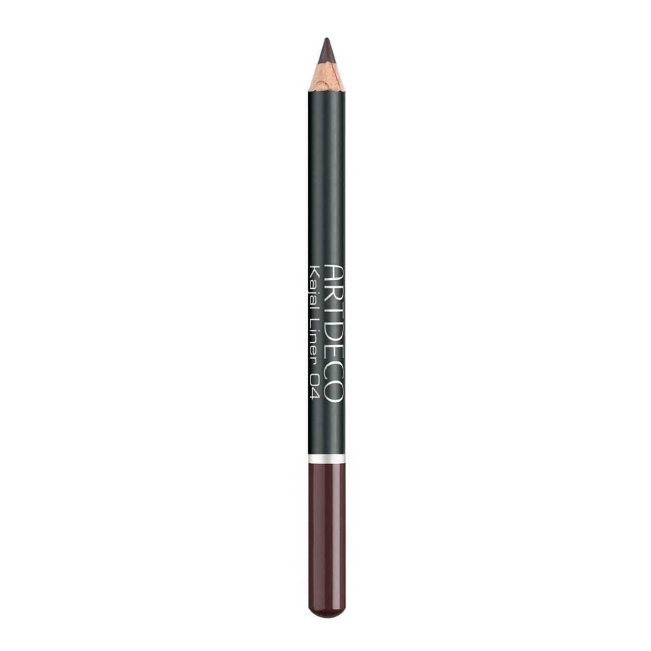 Kajal Liner 04 Forest Brown von Artdeco. Dunkelbrauner Stift mit Holzspitze und braunem Ende. Schwarzer Schaft mit weißer Schrift.