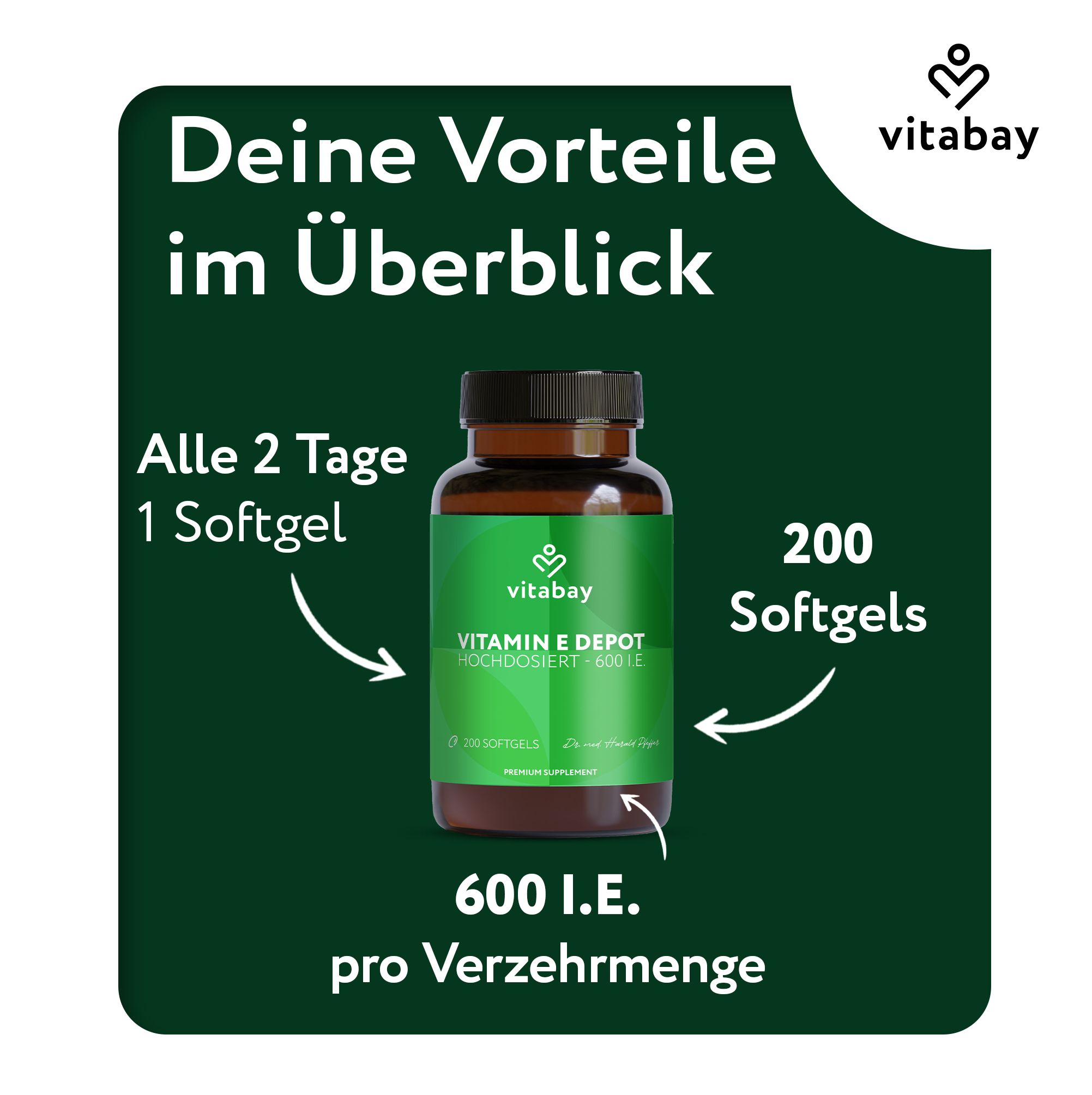 Vitabay Vitamin E Depot: 200 Softgels, 600 I.E. pro Verzehrmenge.