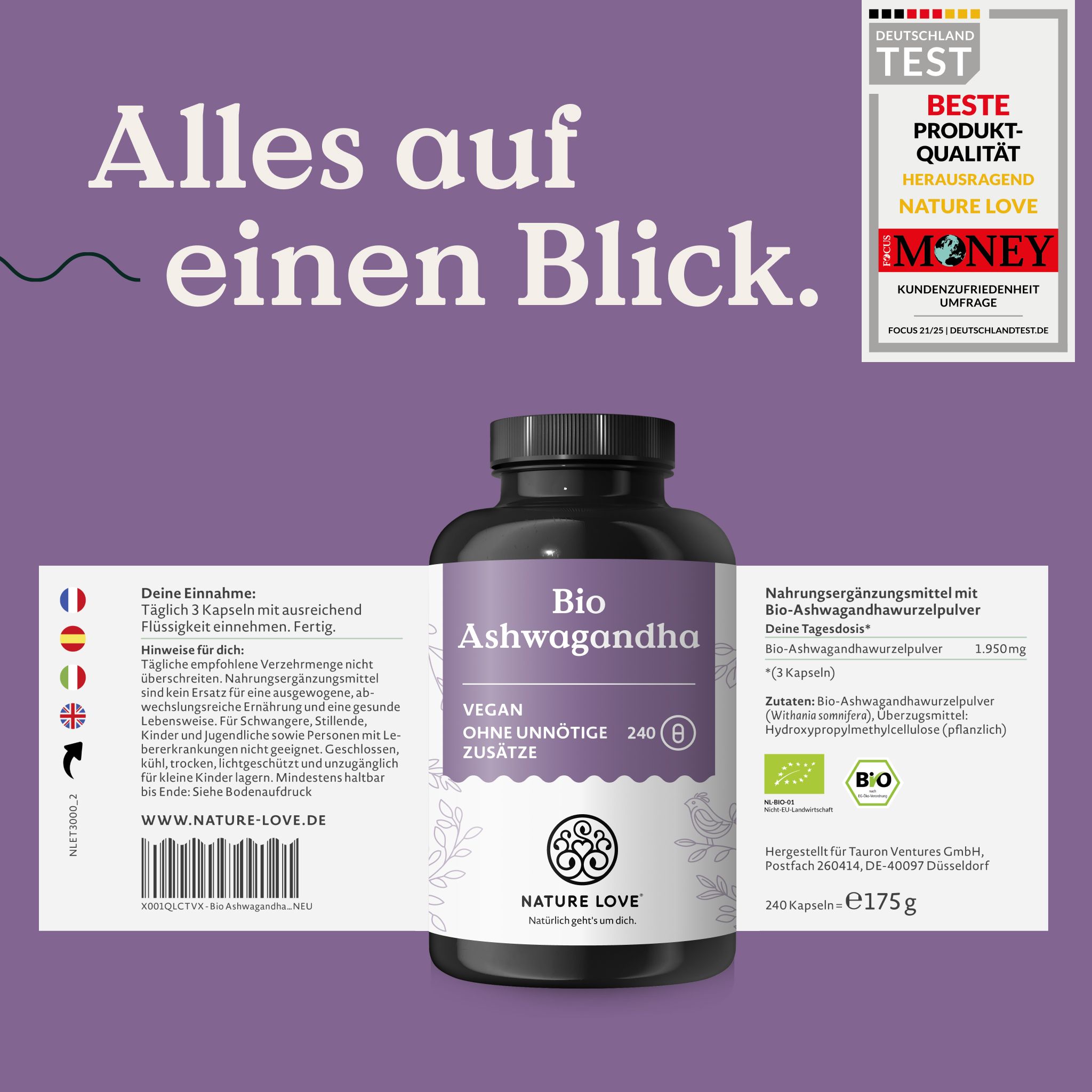Flasche Bio Ashwagandha Kapseln, Etikett mit Einnahmeempfehlung, Inhaltsangaben und Bio-Siegel.