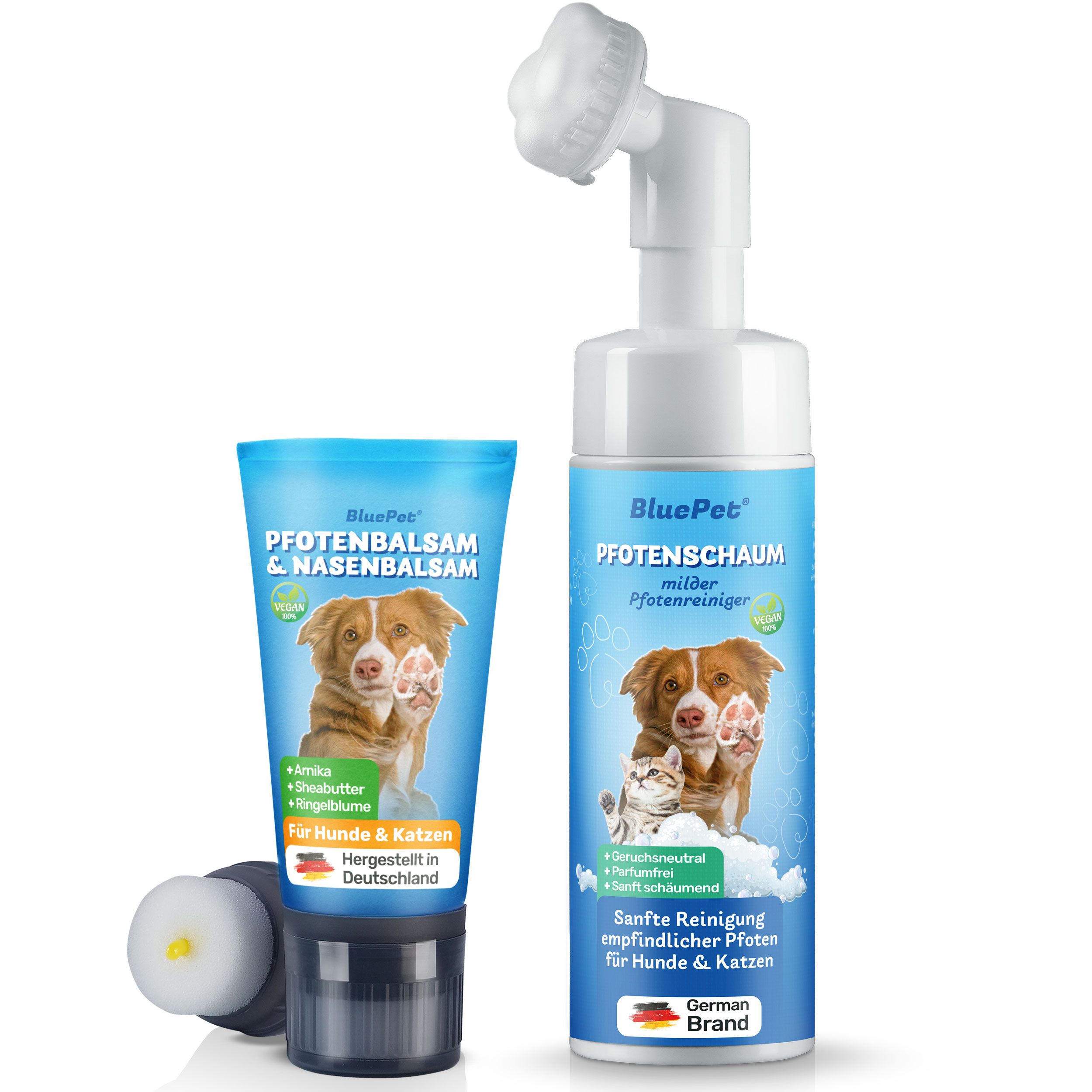 Pfotenbalsam-Tube und Pfotenschaum-Flasche. Beide mit Produktbildern und Text. Aufschrift: BluePet, Pfotenbalsam & Nasenbalsam, Pfotenschaum.