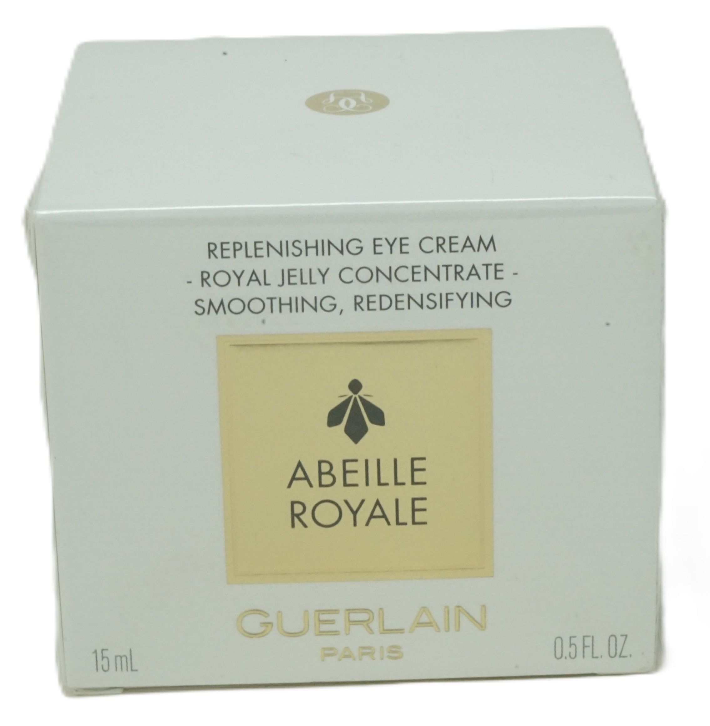 Weiße Schachtel mit "Abeille Royale" Logo und Text. "Guerlain Paris" Schriftzug. 15 ml und 0.5 FL. OZ.