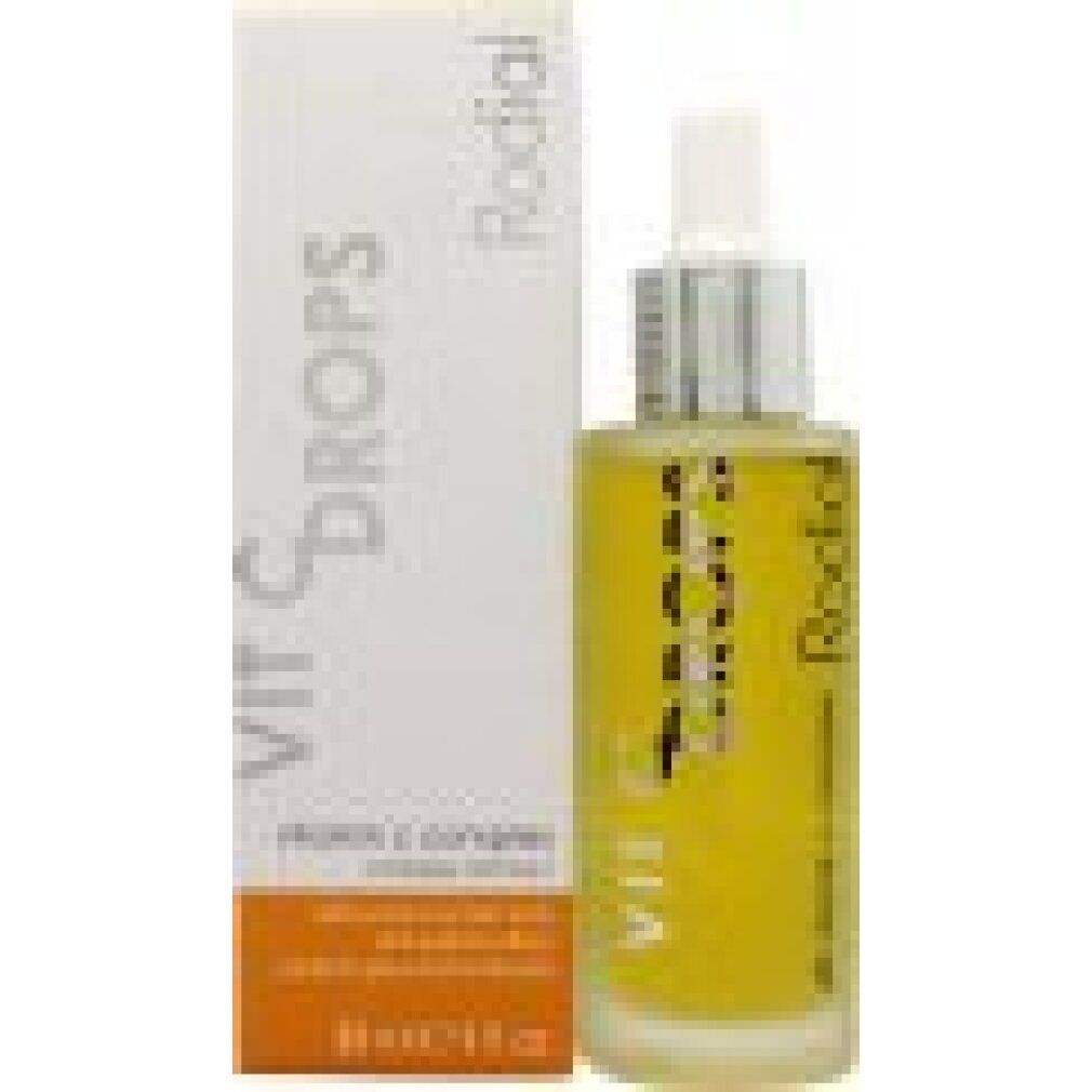 Produktflasche und Verpackung. Text: VIT C DROPS, Rodial. Aufschrift: 6% Vitamin C Complex. 31ml.