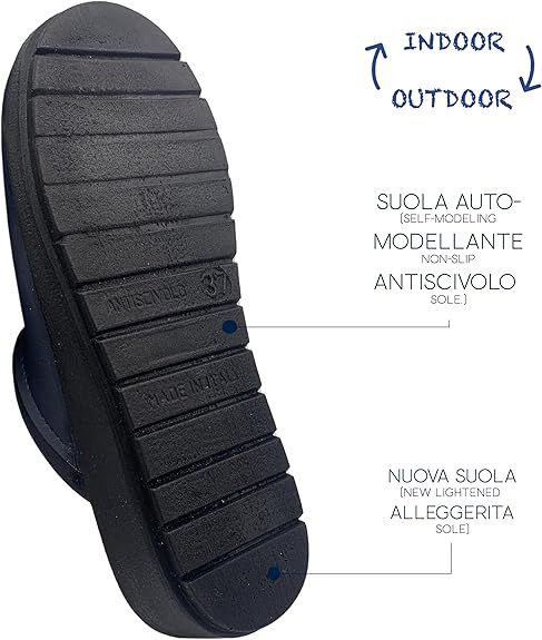 Primo piano della suola di uno zoccolo blu scuro. Suola antiscivolo, automodellante. Testo: 'ANTISCIVOLO'. 'MADE IN ITALY'.