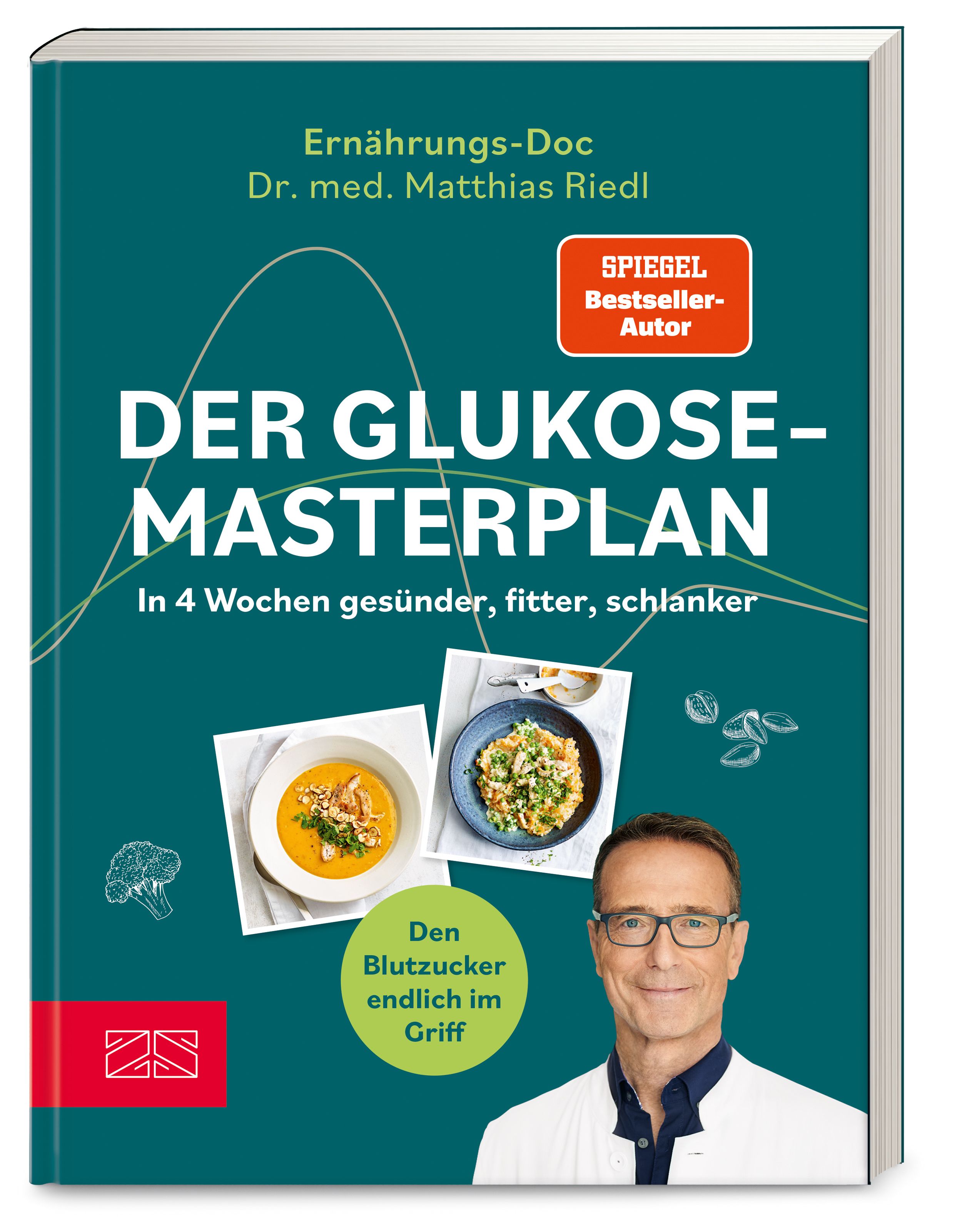 Buchcover: "Der Glukose-Masterplan". Autor: Dr. med. Matthias Riedl. Titel in Großbuchstaben. Mit Fotos von Essen und einem Mann.