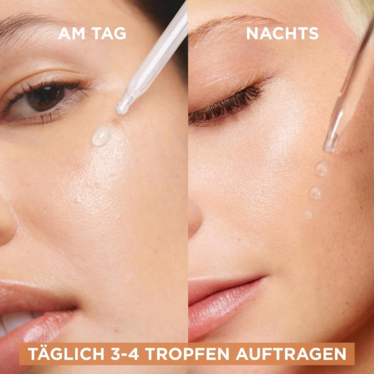 Gesicht, links: Tag, rechts: Nacht. Serum wird aufgetragen. Text: Täglich 3-4 Tropfen auftragen.