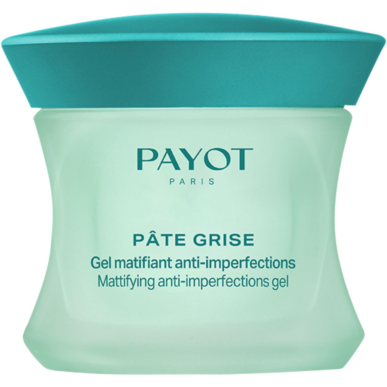 Payot Pâte Grise Gel. Nahaufnahme des Produkts. Grünliche Creme in einem Behälter mit türkisfarbenem Deckel. Aufschrift: Pâte Grise, Gel matifiant.