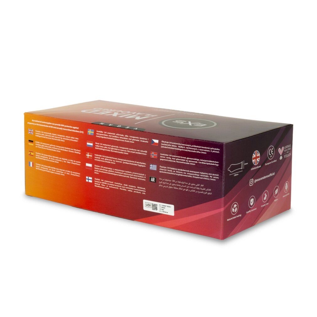 Rückseite einer EXS Mixed Flavoured Kondom-Packung mit 144 Stück. Mehrsprachige Informationen.
