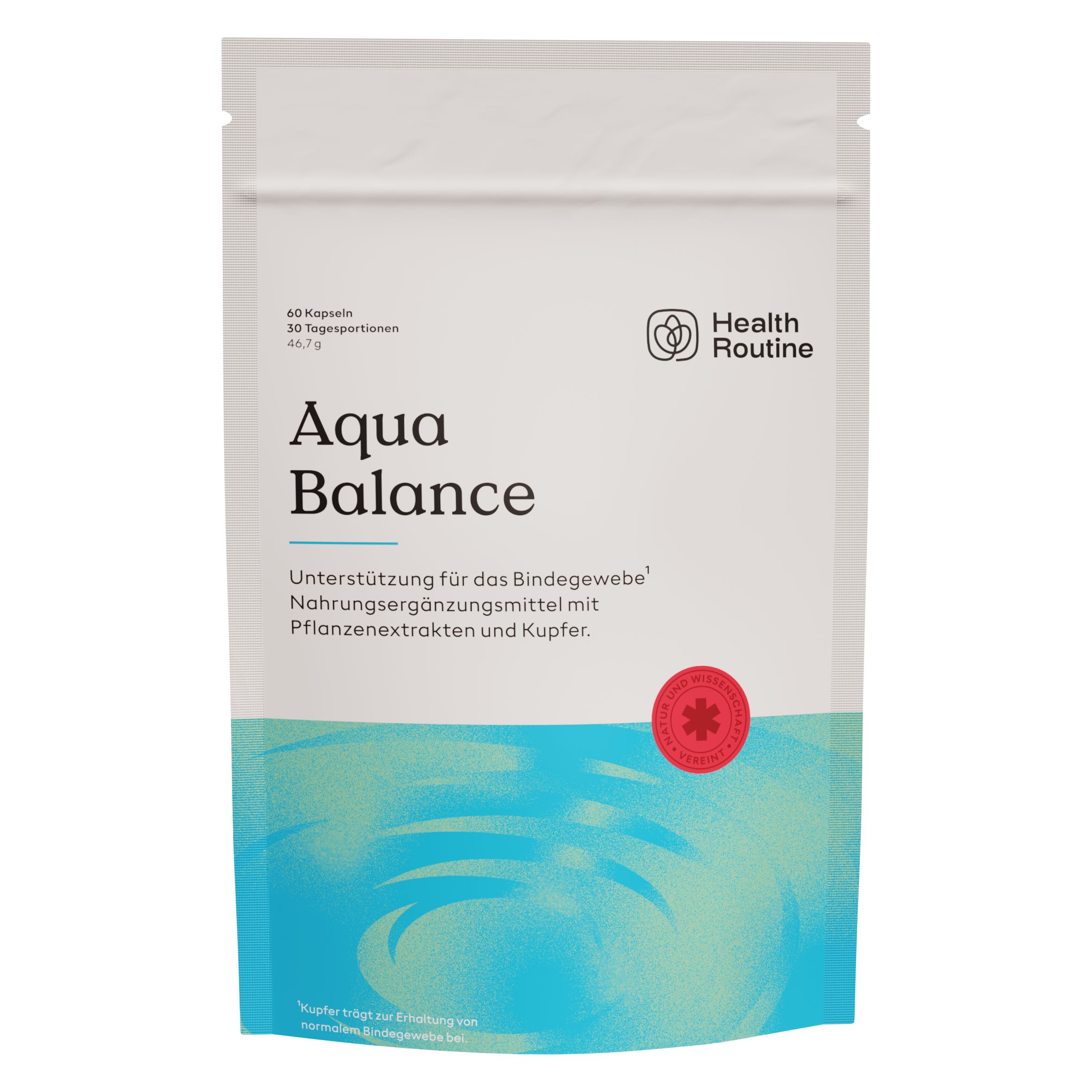 Beutel mit "Aqua Balance"-Nahrungsergänzungsmittel. Logo "Health Routine". Roter Stern. Text: 60 Kapseln, 30 Tagesportionen.