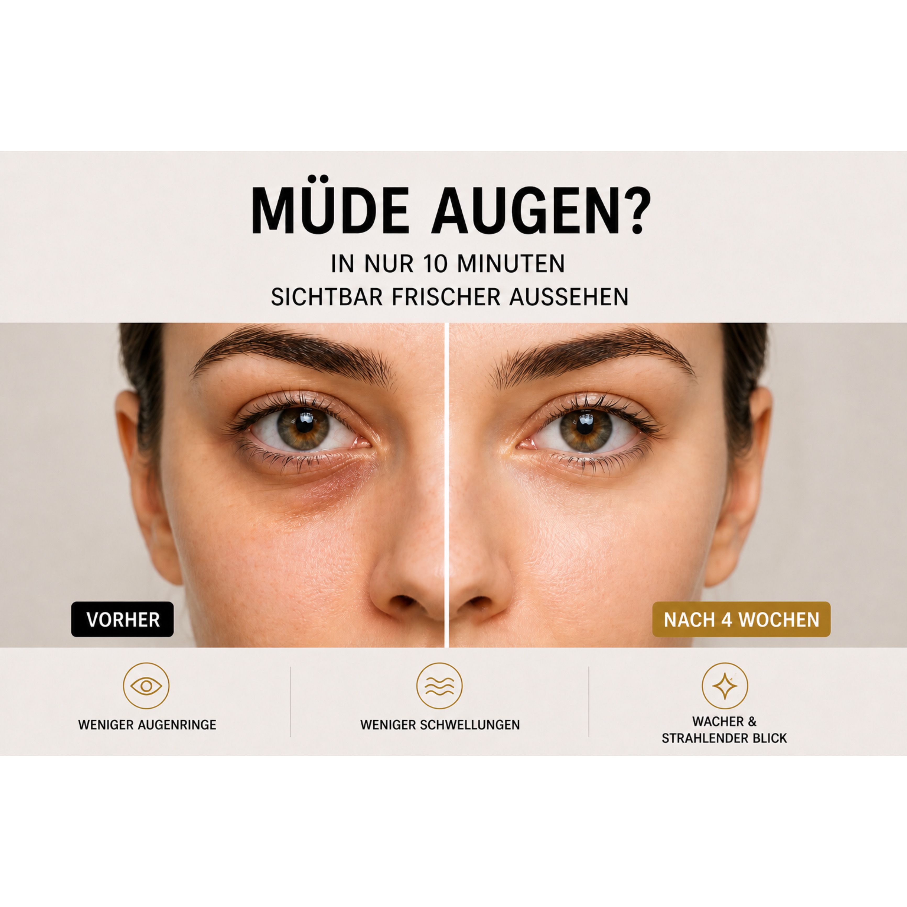 Vorher-Nachher-Vergleich von Augenpartien, die Frische und Reduzierung von Augenringen zeigen.