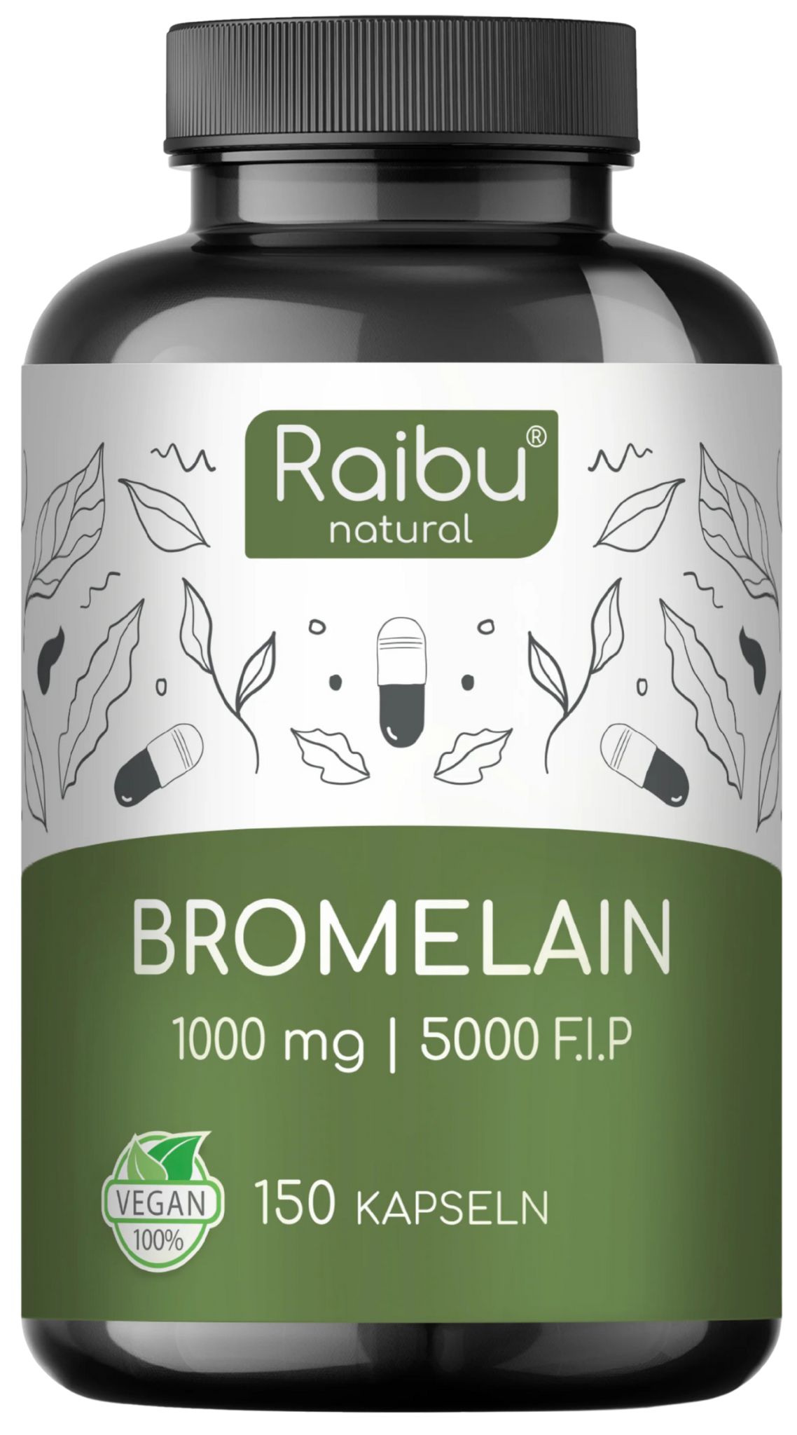 Braune Flasche mit weißen Etikett. Aufschrift: Raibu natural, Bromelain, 1000 mg, 150 Kapseln. Vegan-Siegel.