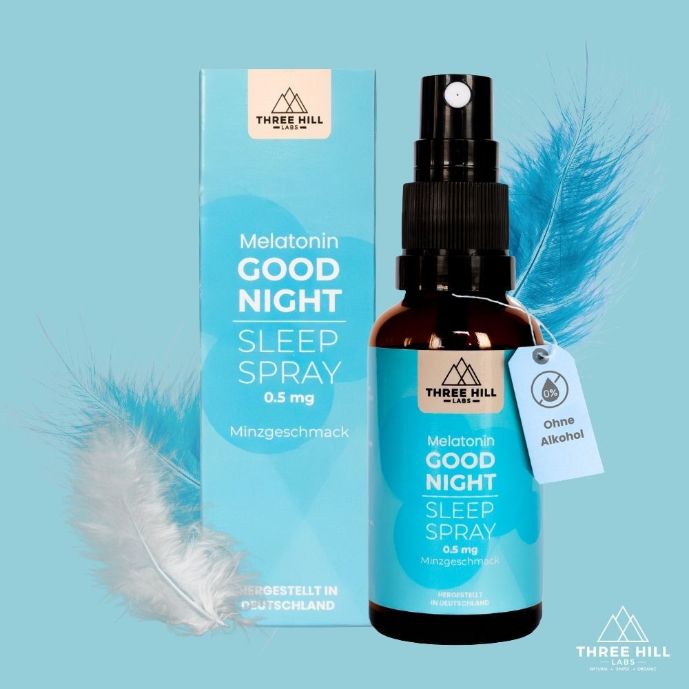 Produktflasche und Verpackung. Aufschrift: Melatonin Good Night Sleep Spray 0,5 mg. Minzgeschmack. Feder. Ohne Alkohol-Etikett.