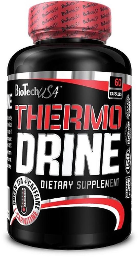 Schwarze Flasche mit rotem Deckel. Aufschrift: Thermo Drine, Dietary Supplement. Enthält 60 Kapseln. Marke: BioTechUSA.