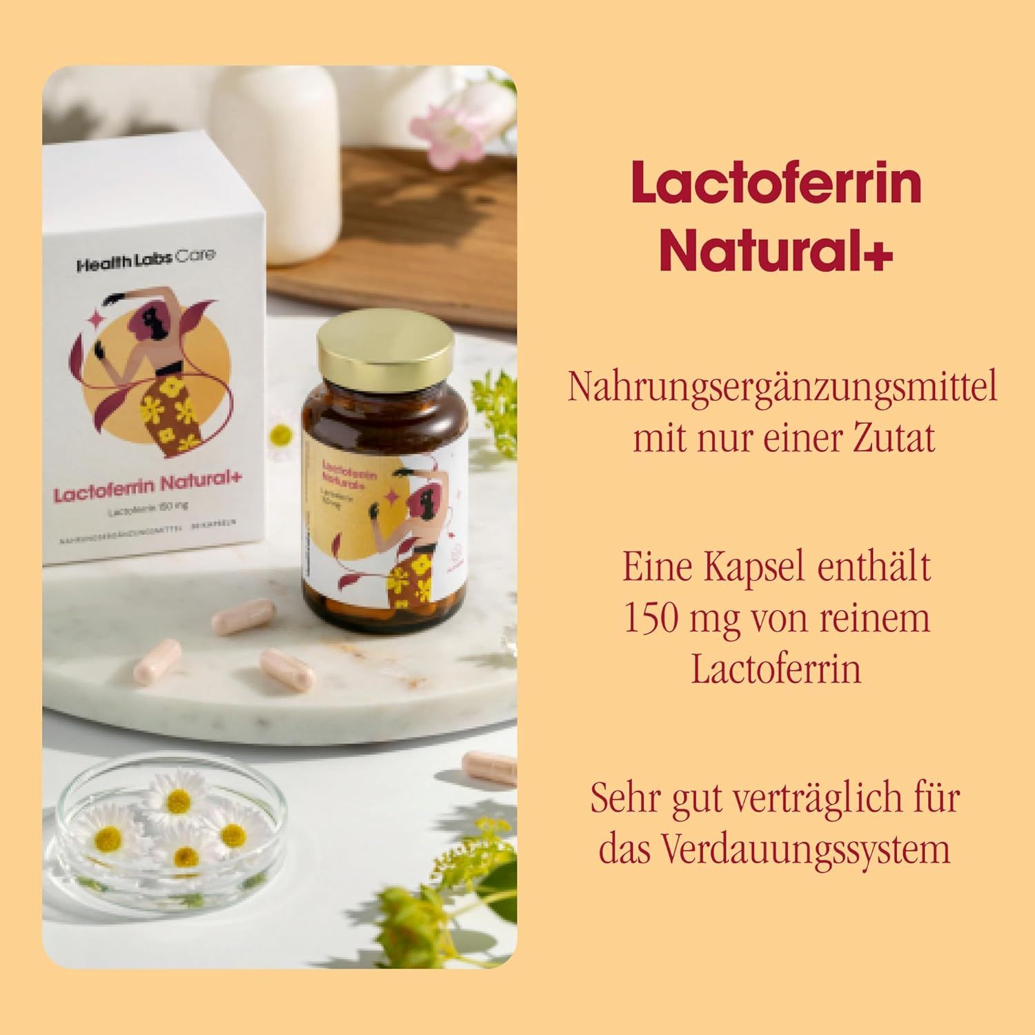 Braune Glasflasche und Karton mit Produktaufdruck. Kapseln liegen daneben. Text: Lactoferrin Natural+, Nahrungsergänzungsmittel.