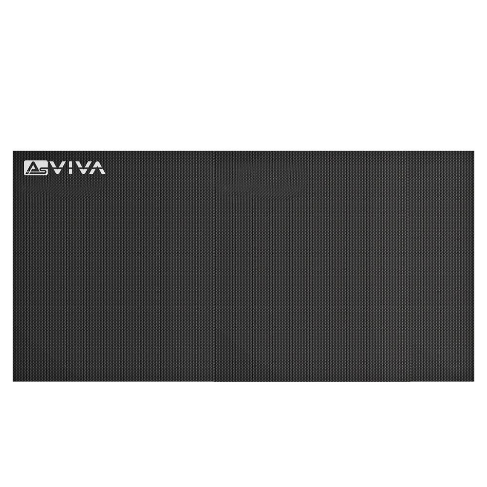 Schwarze AsVIVA Bodenschutzmatte mit feiner Musterung und weißem Logo oben links.