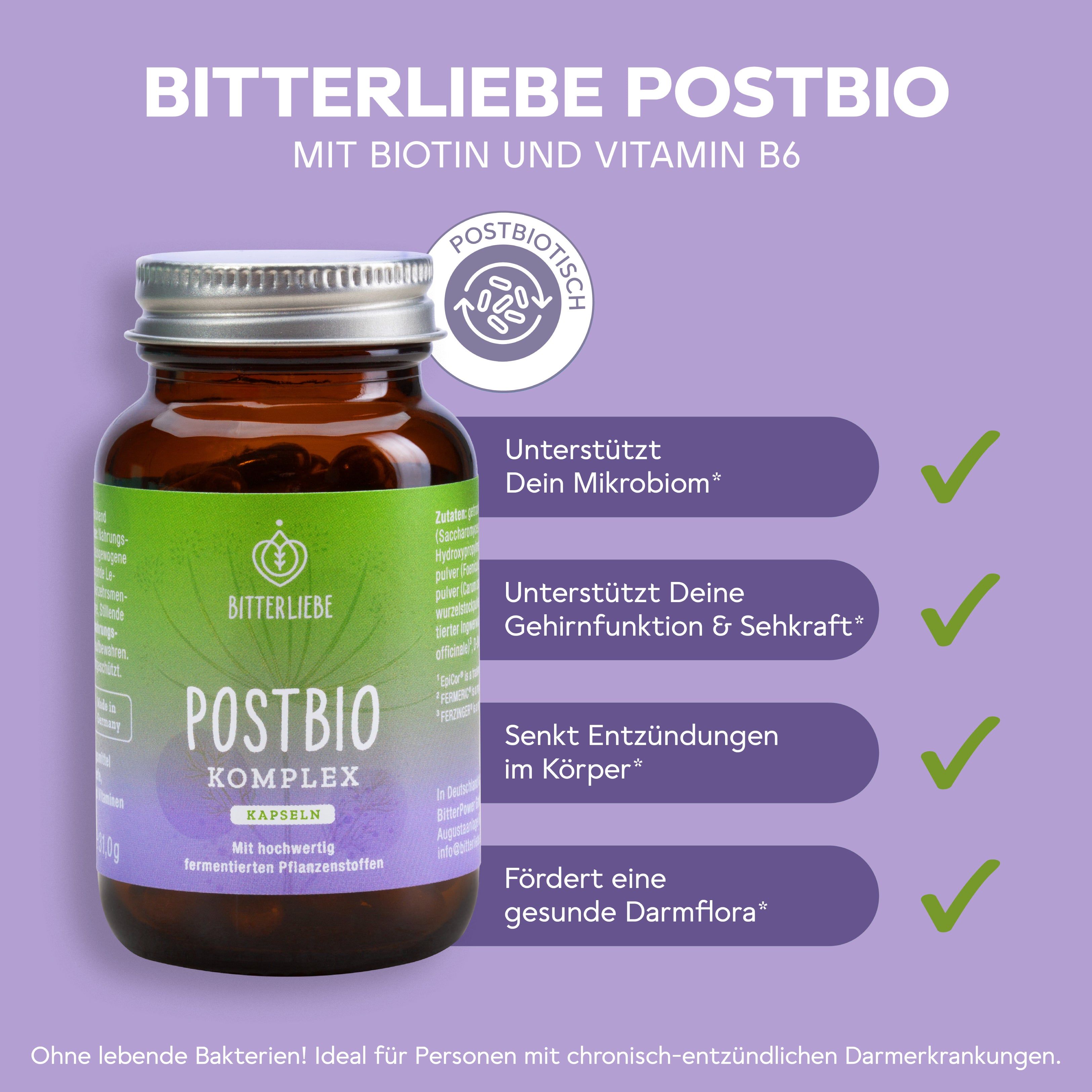 BitterLiebe - Postbio * Komplex Kapseln vegan - mit Biotin und Vitamin B6 - Mikrobiom Unterstützung