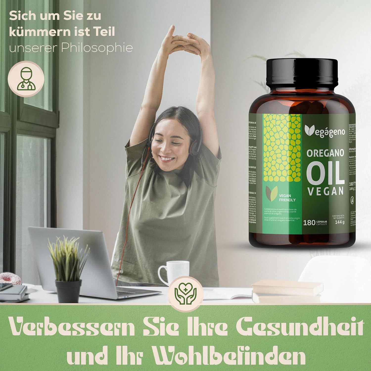Frau dehnt sich. Flasche mit grünem Etikett. Text: Oregano Oil Vegan. 180 Kapseln. Vegan Friendly.