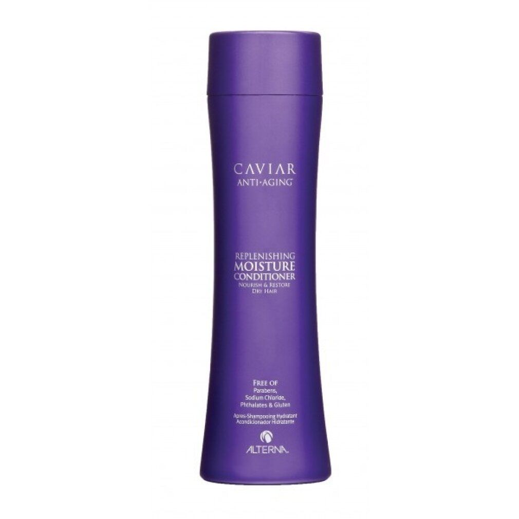 Lila Flasche mit lila Verschluss. Alterna Caviar Anti-Aging Feuchtigkeitsconditioner, frei von Parabenen.
