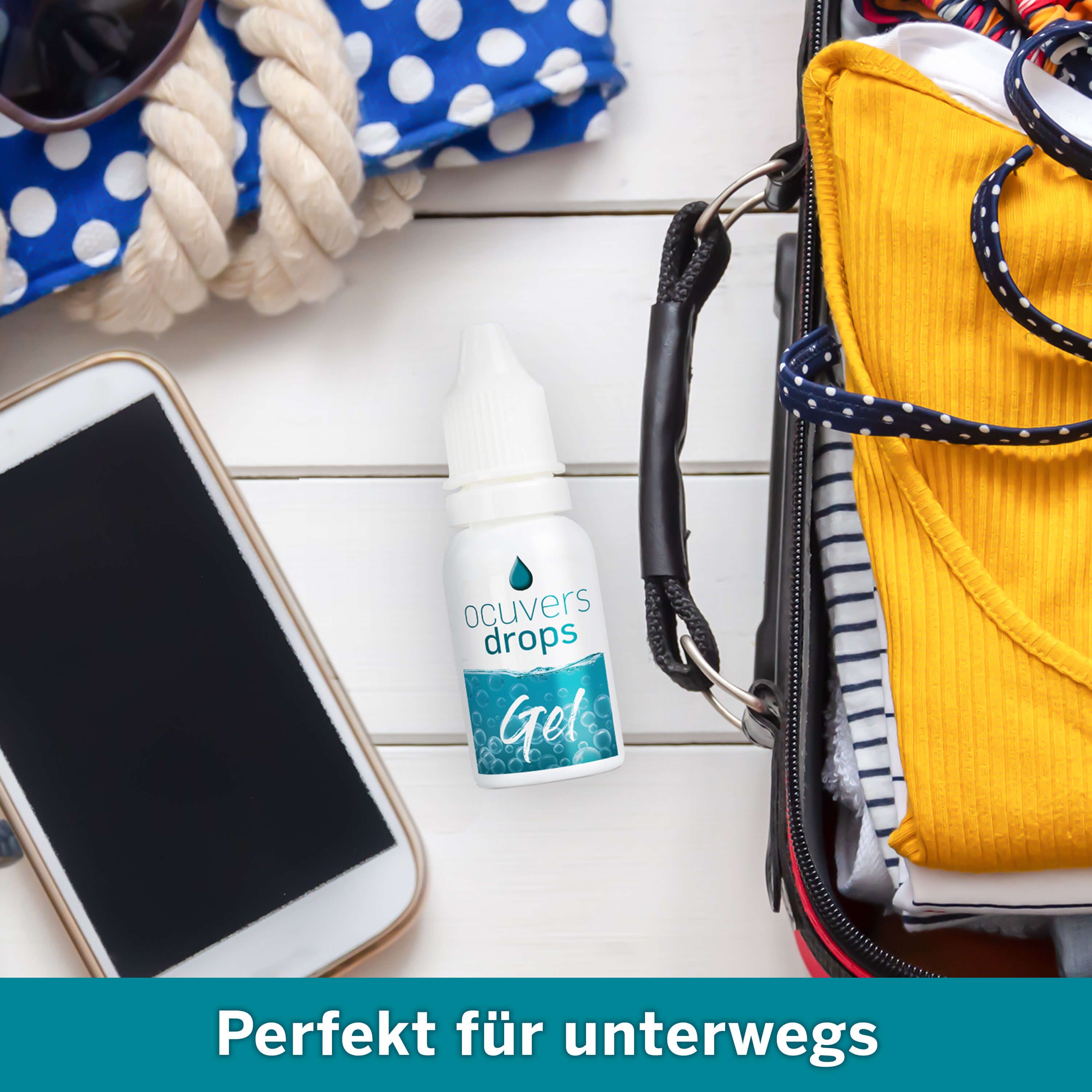 Produktflasche neben Sonnenbrille, Smartphone und Koffer. Text: Perfekt für unterwegs.