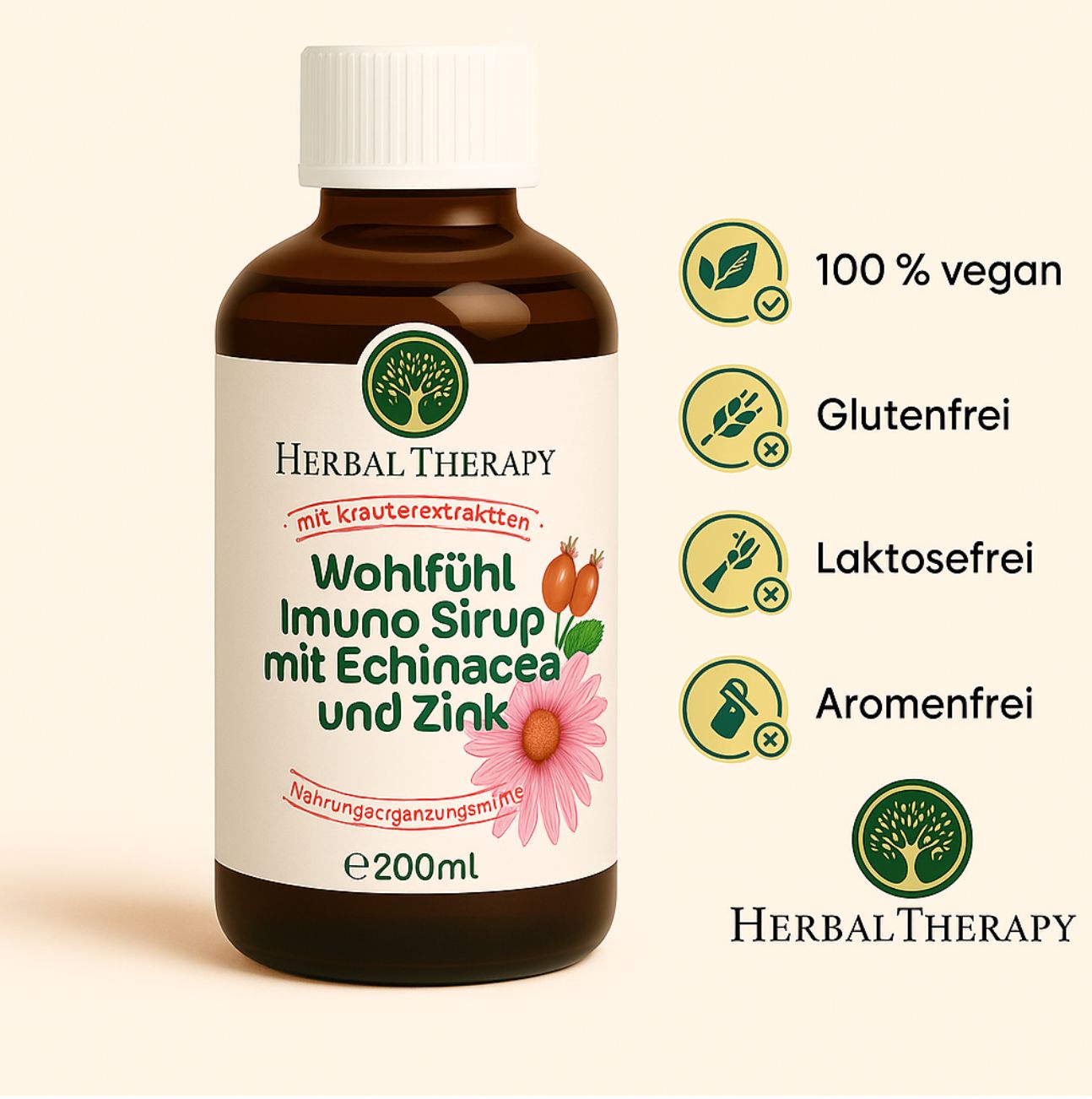 Braune Flasche mit weißem Etikett. Aufschrift: Herbal Therapy Wohlfühl Imuno Sirup mit Echinacea und Zink. 200ml. 100% vegan, glutenfrei, laktosefrei, aromenfrei.