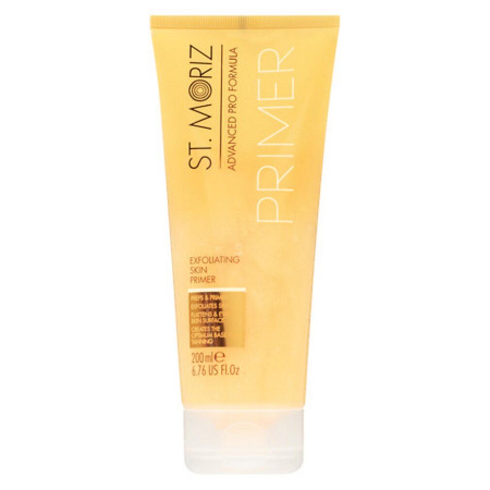 St. Moriz Primer Tube. Gelbes Design. Text: Advanced Pro Formula, Primer, Exfoliating Skin Primer. 200ml, 6.76 US fl.oz.