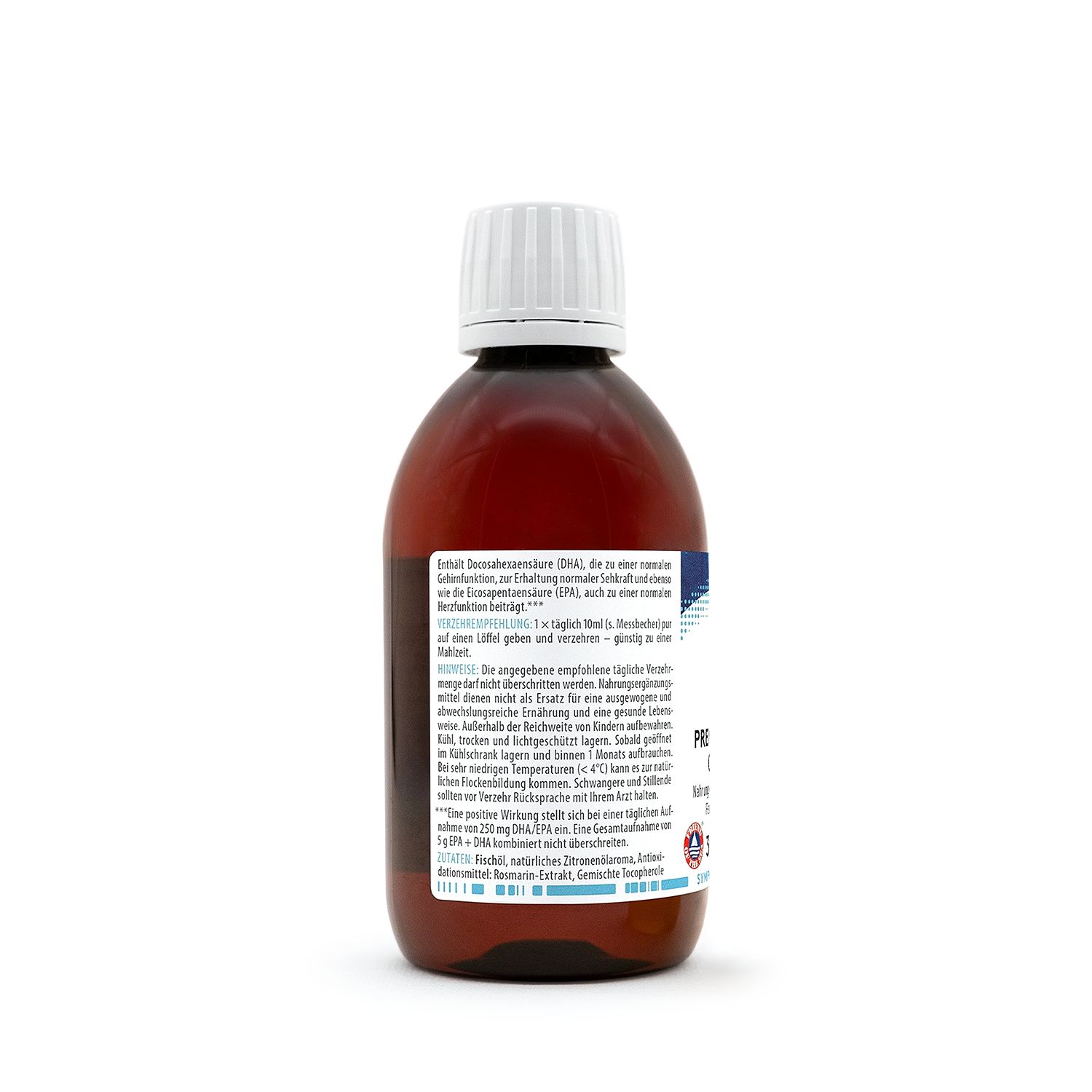 Rückseite einer braunen Glasflasche mit MITOcare® Premium Natural Omega 3 Öl, zeigt Anwendungshinweise.