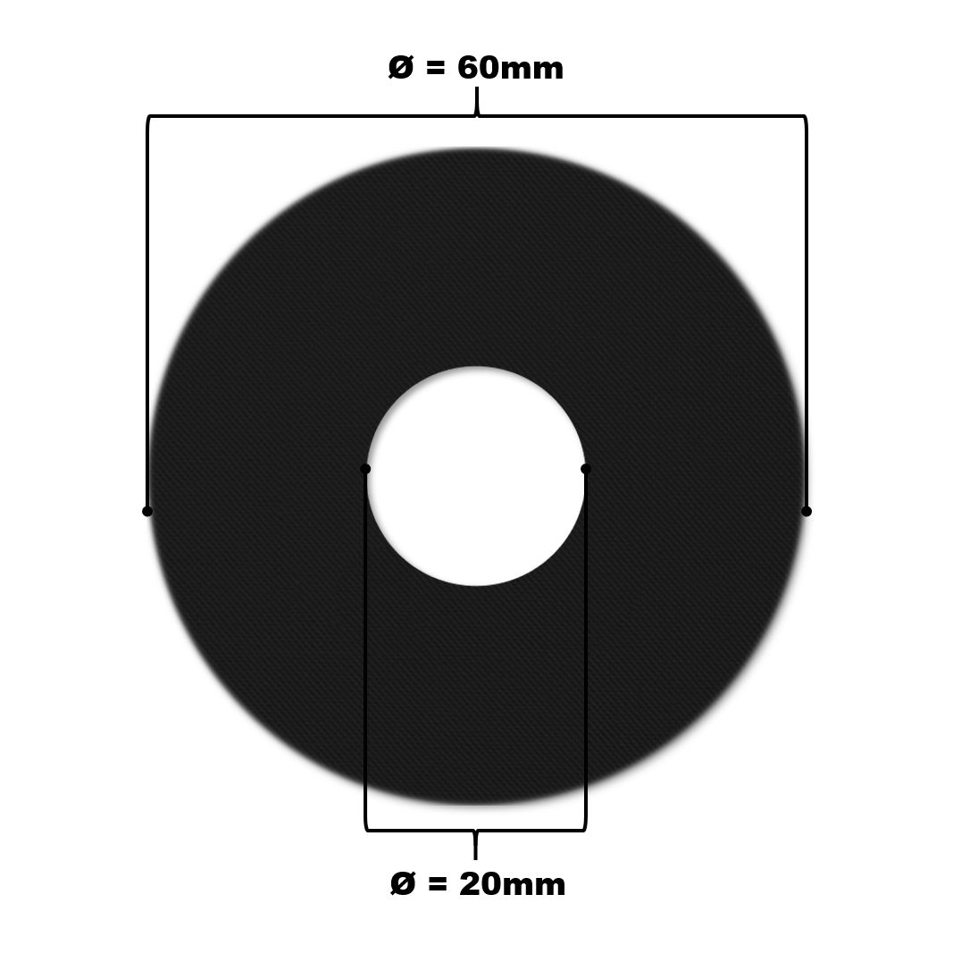Schwarzer, kreisförmiger Katheterpatch mit zentraler Öffnung. Durchmesser 60mm, Öffnung 20mm.