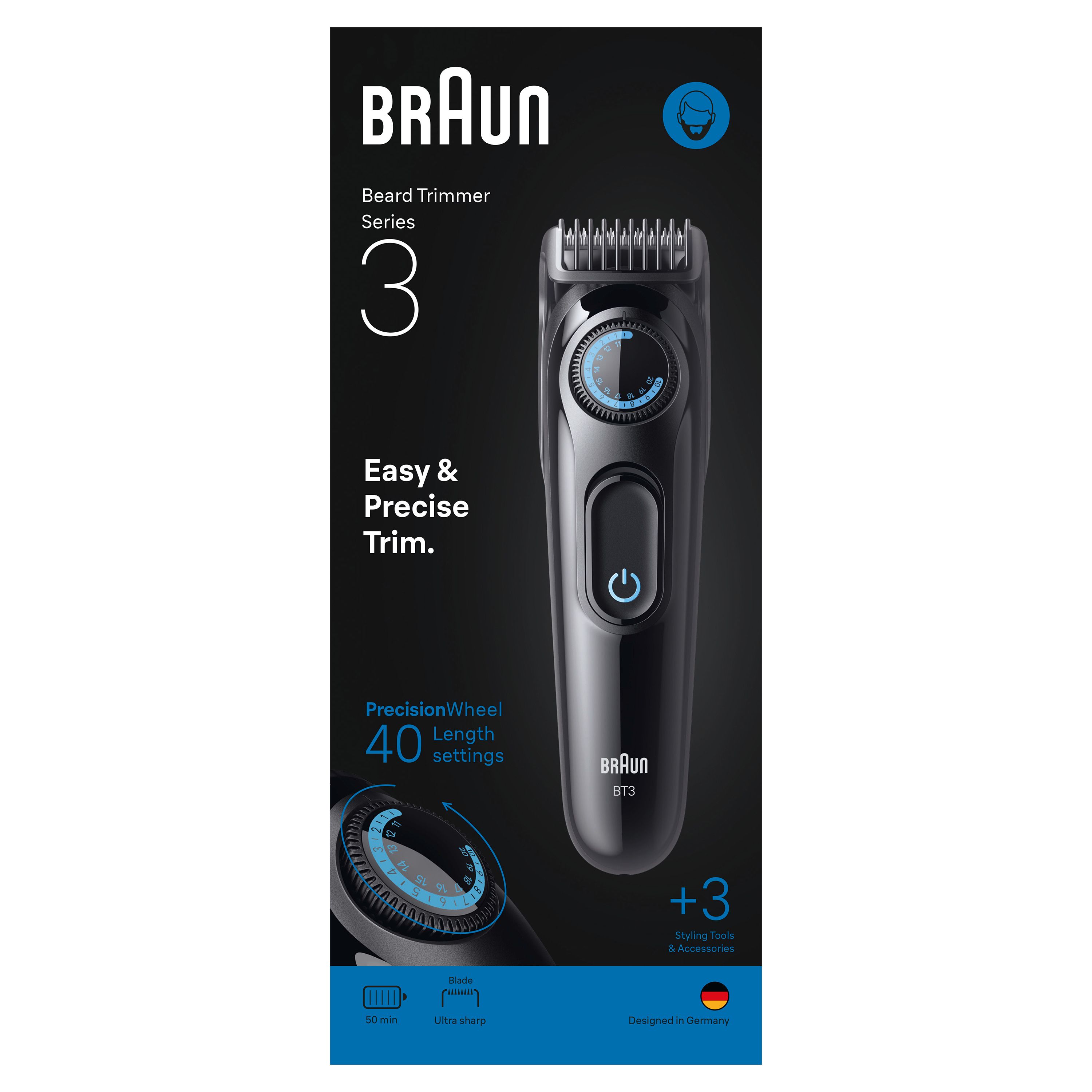 Braun Bartschneider Series 3 Verpackung mit Trimmer und Zubehör.