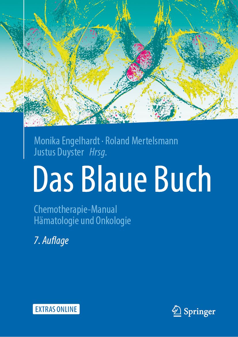 Buchcover mit Titel "Das Blaue Buch". Untertitel: Chemotherapie-Manual, Hämatologie und Onkologie. 7. Auflage. Verlag Springer.