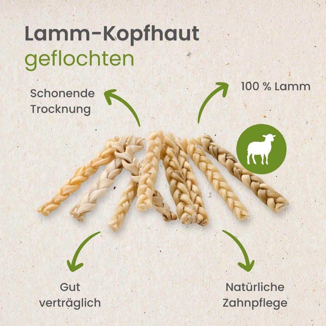 Geflochtene Lammkopfhaut, 100% Lamm, schonend getrocknet.