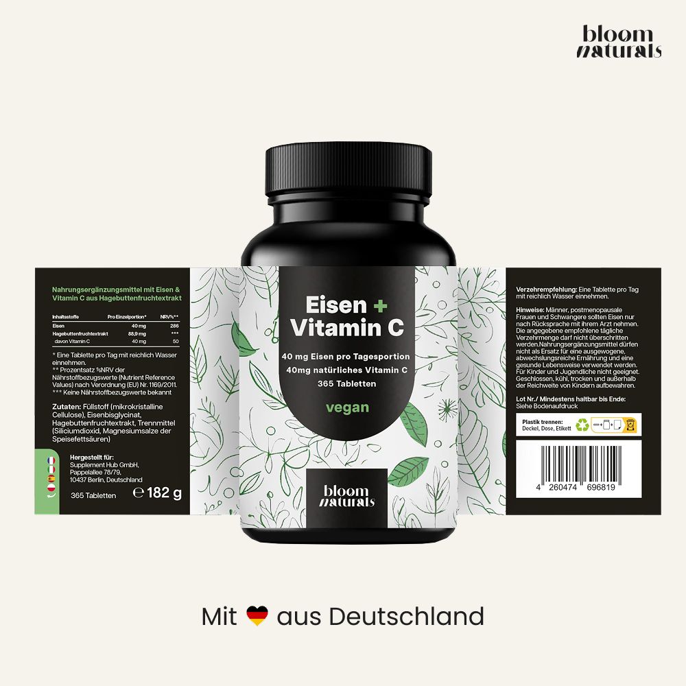 Dose Eisen + Vitamin C, 365 Tabletten, vegan. Mit Deutschland.