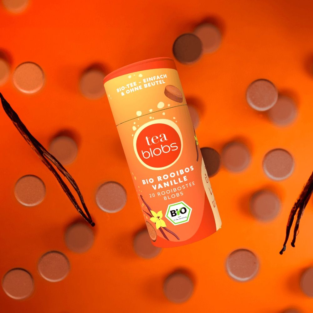 Runde Teedose mit Bio-Rooibos Vanille Tee Blobs. Enthält 30 Stück. Bio-Siegel sichtbar.