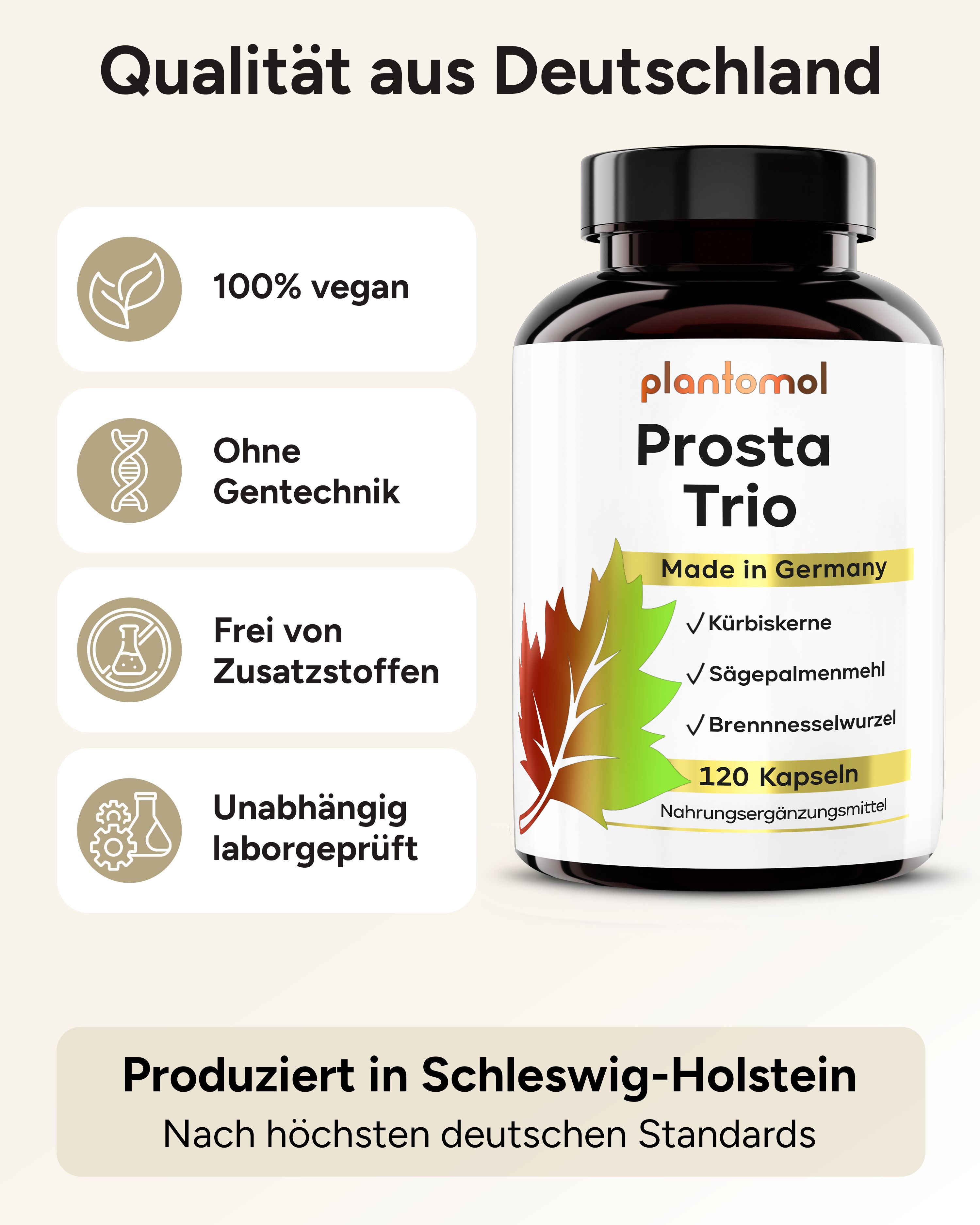 Flasche: plantomol Prosta Trio, 120 Kapseln. 100% vegan, ohne Gentechnik, frei von Zusatzstoffen, laborgeprüft. Qualität aus Deutschland.