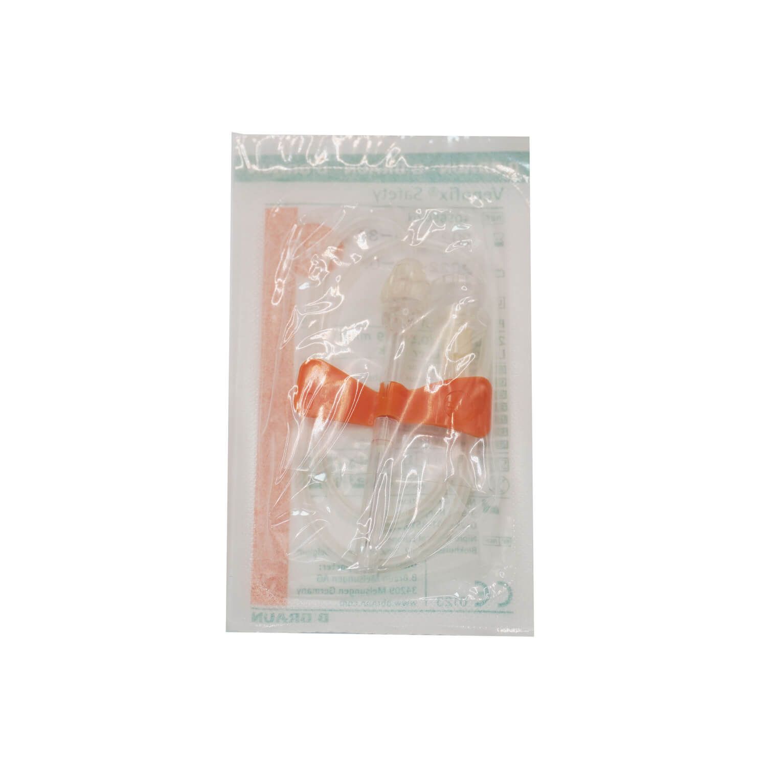 Infusionsbesteck in versiegelter Verpackung. Enthält orangefarbene Flügel, transparenten Schlauch und Nadel.