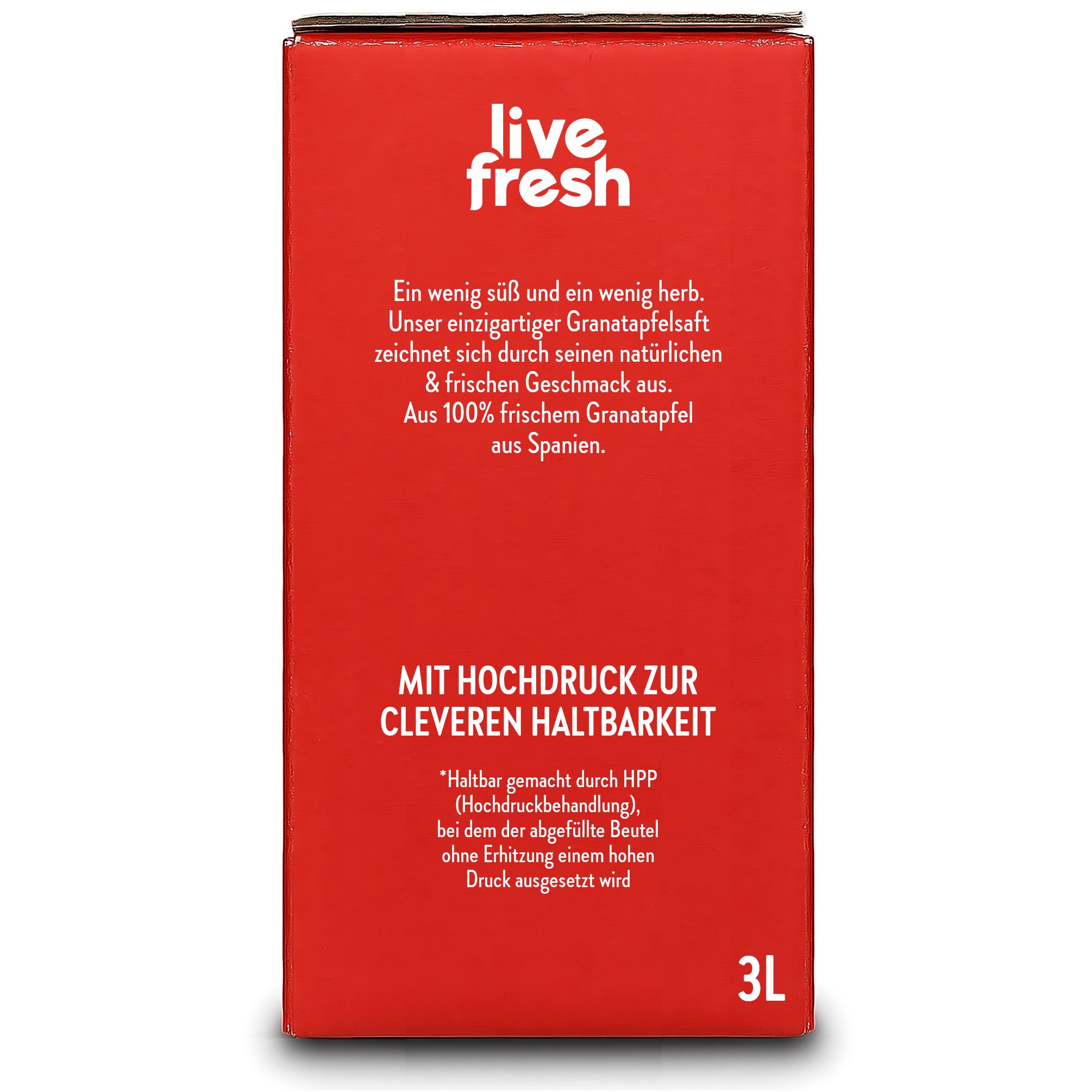 Rückseite der Saftbox. Aufschrift: Mit Hochdruck zur cleveren Haltbarkeit. 3L. Text über die Haltbarkeit.