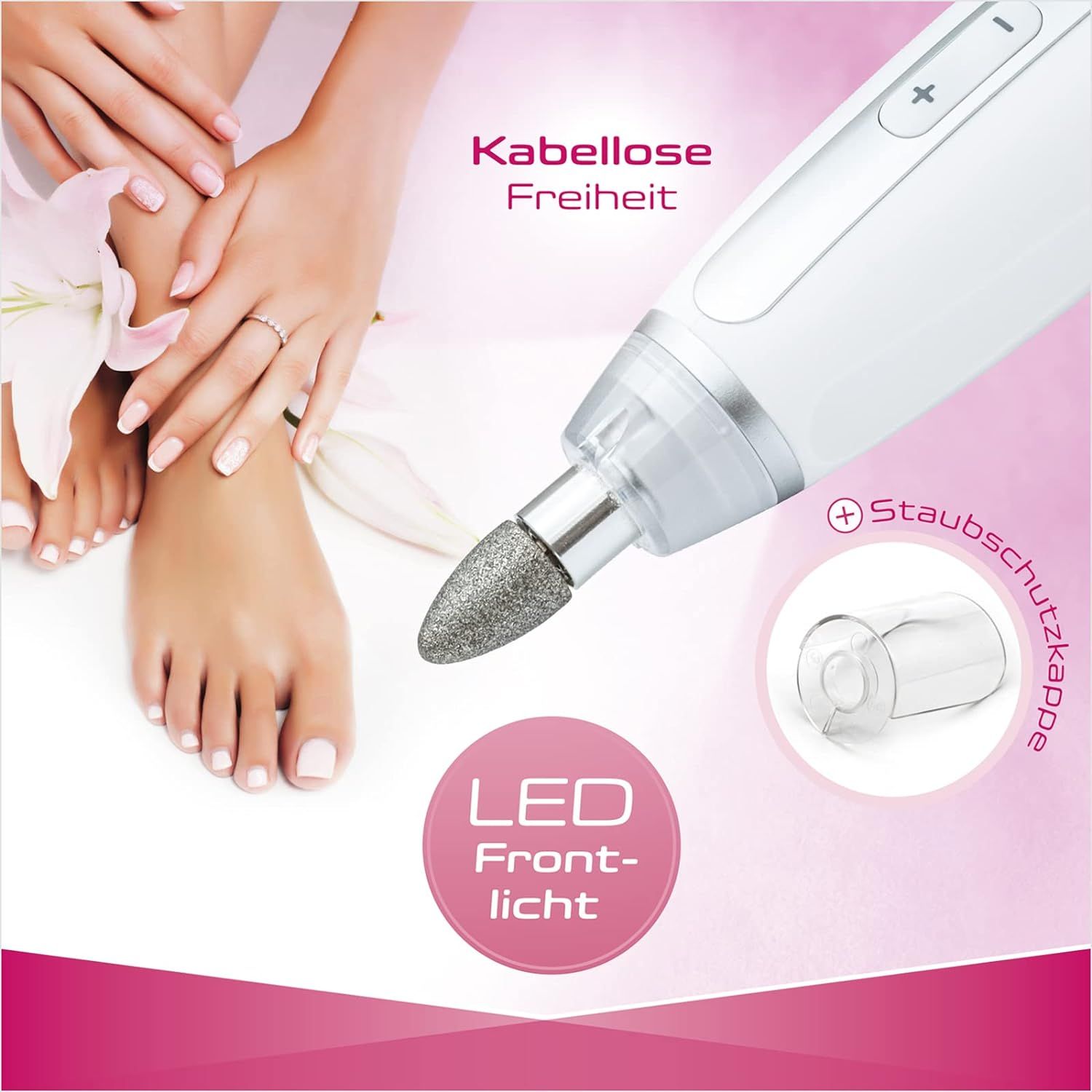 Weißes Maniküre-Pediküre-Set mit Fuß und Hand. Text: Kabellose Freiheit, LED Frontlicht, Staubschutzkappe.