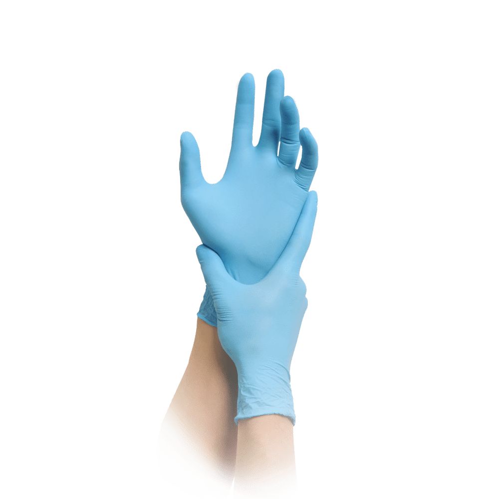 Hände mit hellblauen Handschuhen. Die Handschuhe sind aus Gummi oder Latex. Die Finger sind gespreizt.