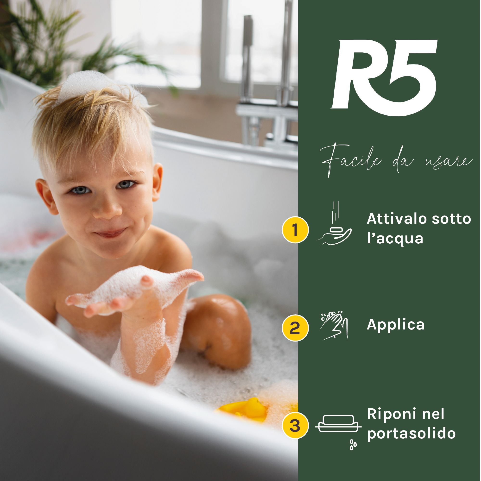 Kind in der Badewanne mit Schaum. R5 Dusch-Shampoo Kinder: Anwendungsschritte 1-3.