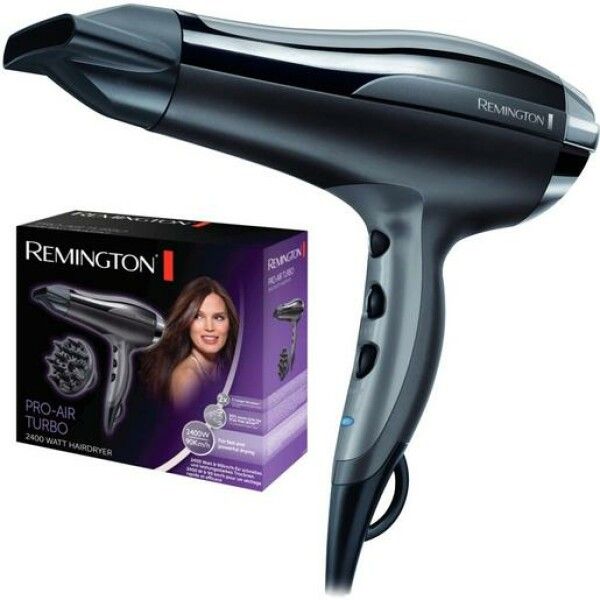 Haartrockner und Verpackung. Schwarzer Haartrockner mit grauen Akzenten. Verpackung mit Produktbild und Marke Remington.