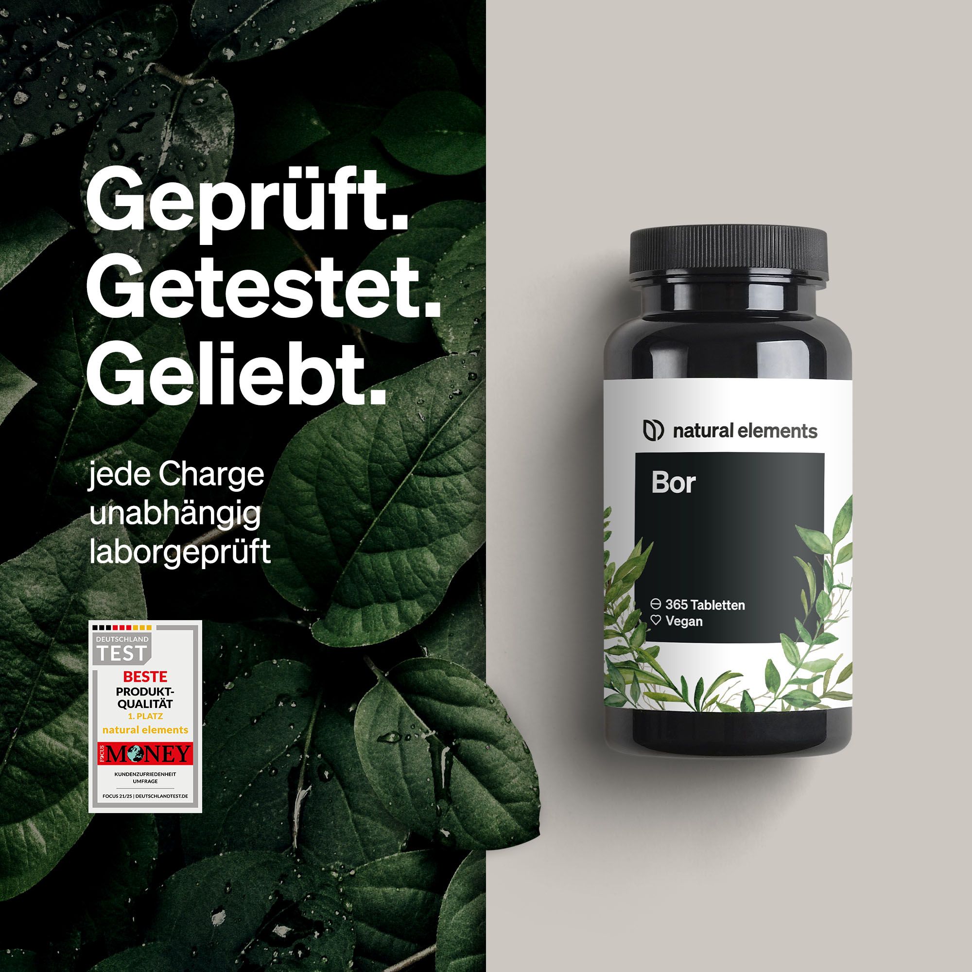 Schwarze Flasche mit "Bor" und "natural elements". Text: "Geprüft. Getestet. Geliebt." Auszeichnung.