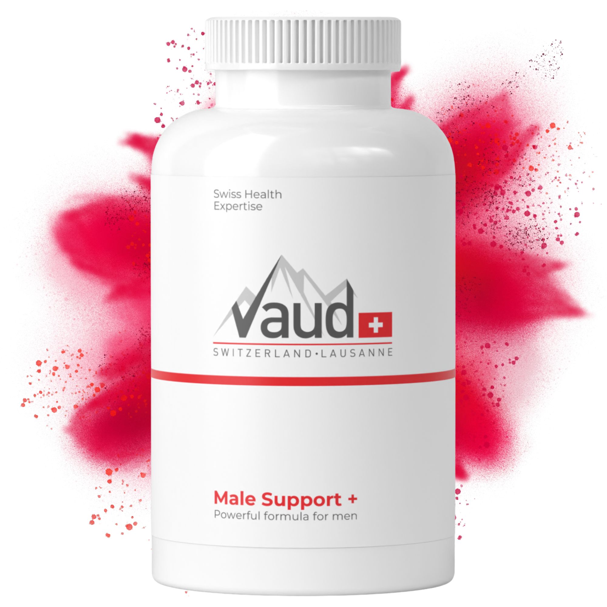 Weiße Flasche mit rotem Spritzer. Vaud-Logo, Male Support+. Swiss Health Expertise.