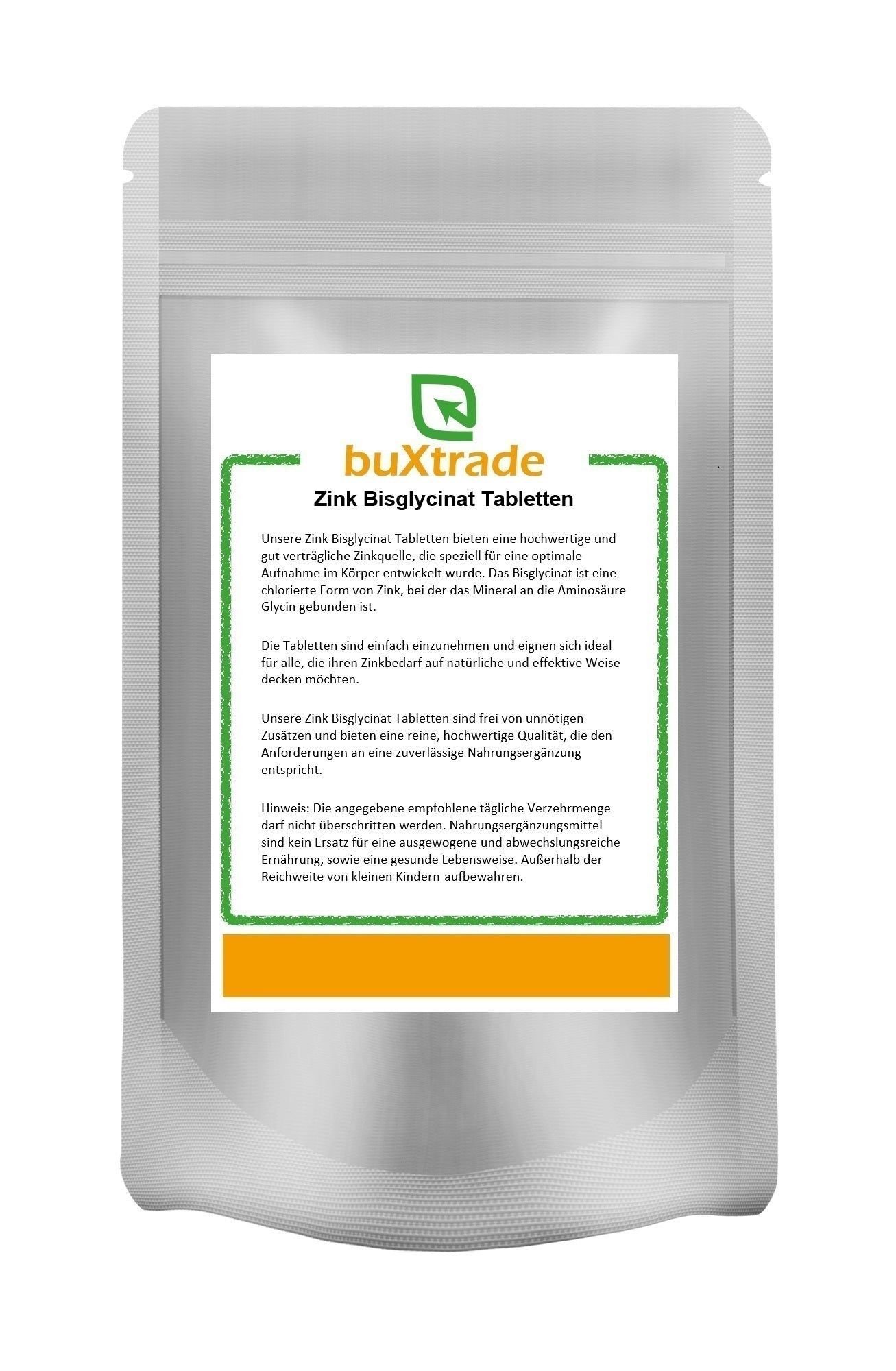 Beutel mit Produktinformationen. Text: buXtrade Zinkbisglycinat Tabletten. Grüner Rahmen, weißer Hintergrund, grauer Beutel.