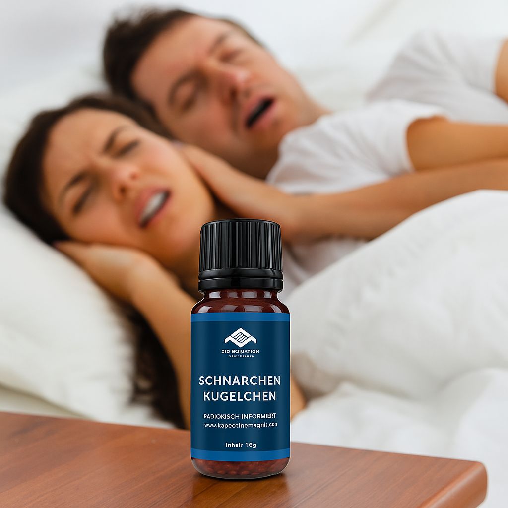 Braune Glasflasche mit schwarzem Deckel auf Nachttisch. Blaues Etikett mit weißer Schrift: Pharma Health, Schnarchen Kügelchen. Paar im Bett.