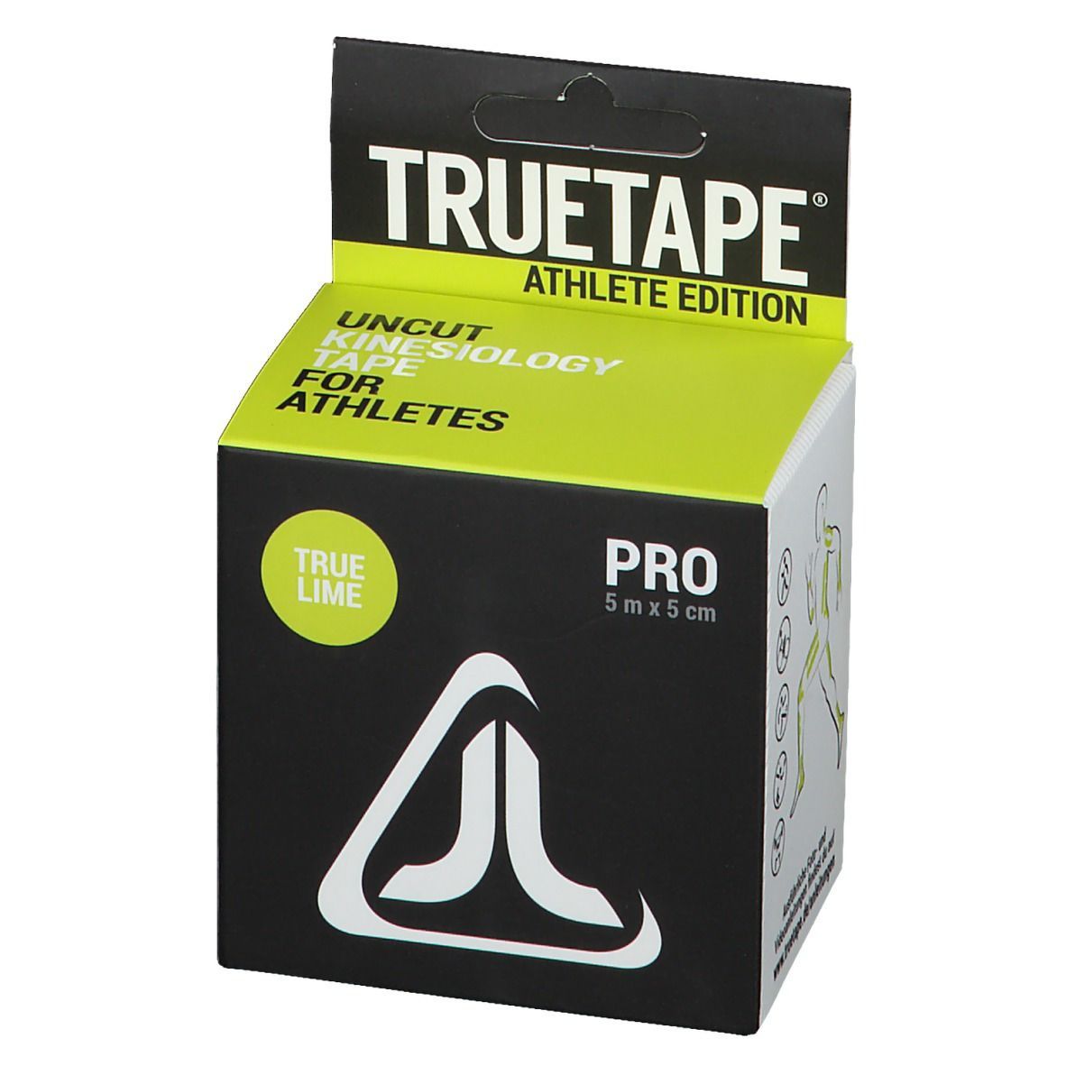 Verpackung von TRUETAPE® Kinesiotape Pro grün. Aufschrift: TRUE TAPE ATHLETE EDITION, UNCUT KINESIOLOGY TAPE FOR ATHLETES, PRO 5 m x 5 cm.