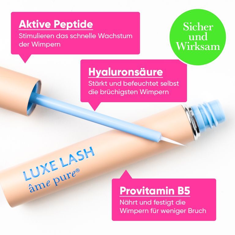 Luxe Lash Wimpernserum mit Applikator. Enthält Hyaluronsäure, Provitamin B5 und Peptide.