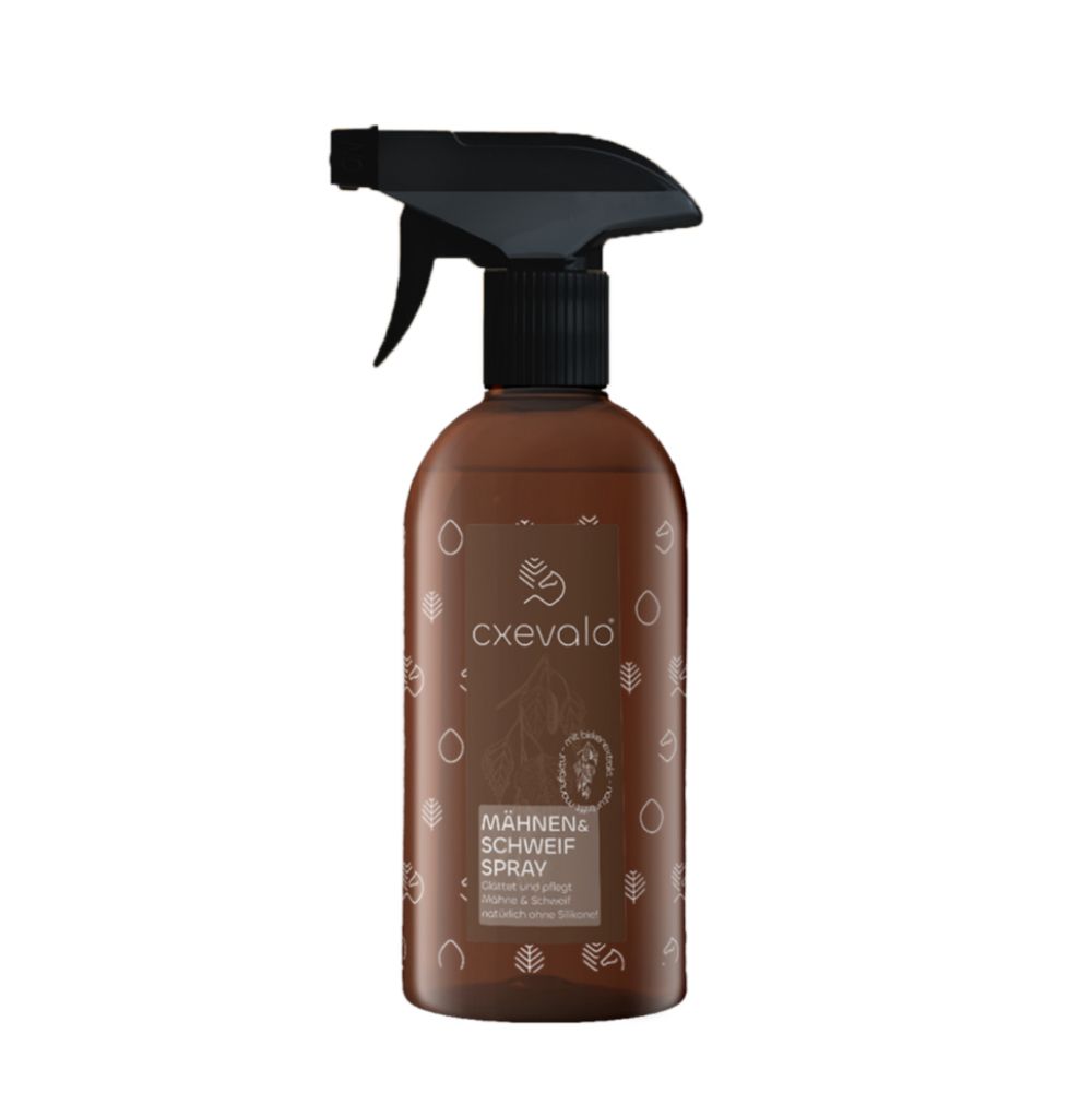 Braune Sprühflasche mit schwarzem Sprühkopf. Aufschrift: cxevalo, Mähnen- & Schweifspray.