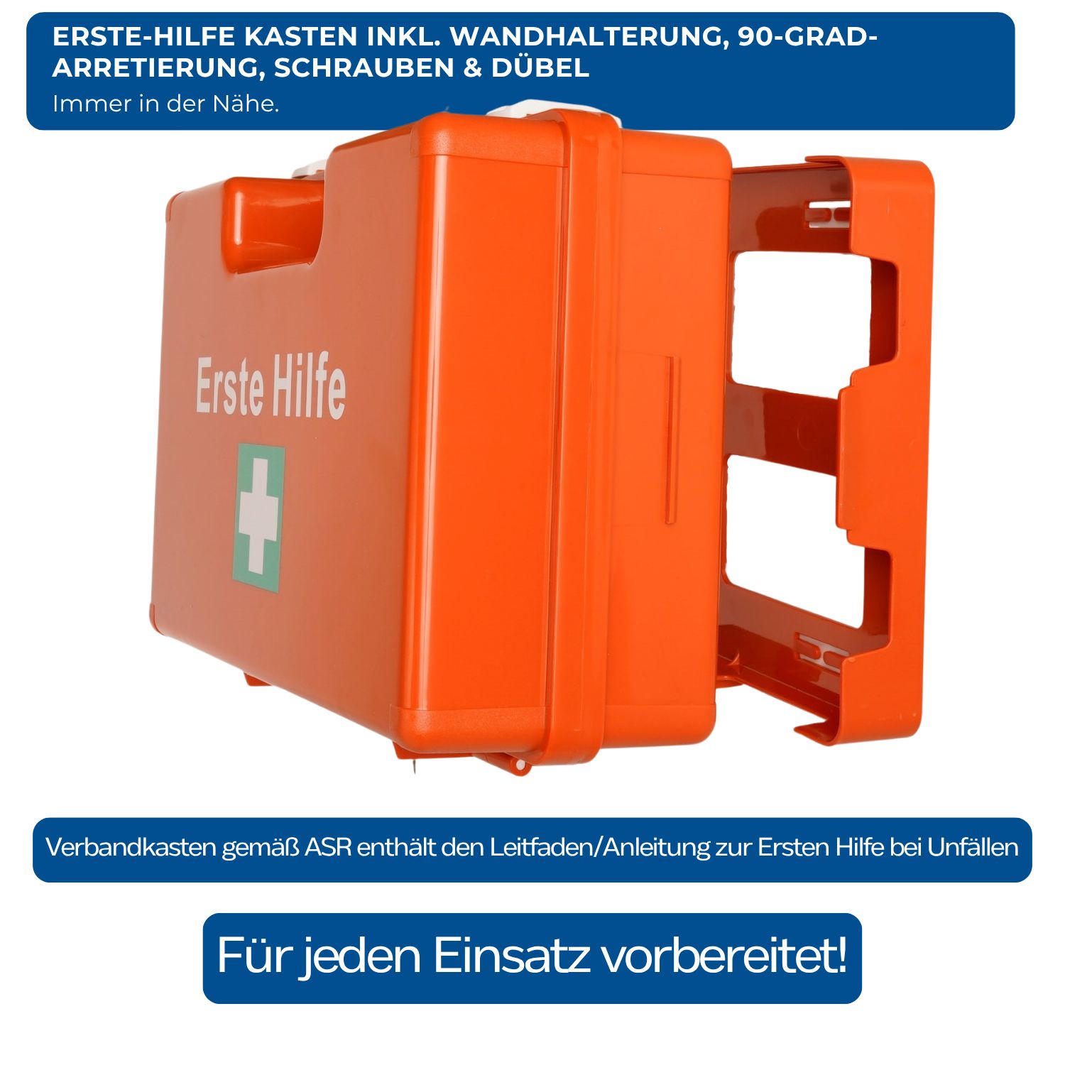 Erste Hilfe Koffer mit Wandhalterung. Text: "Erste Hilfe". Grünes Kreuz. Blaue Infobox mit Text.